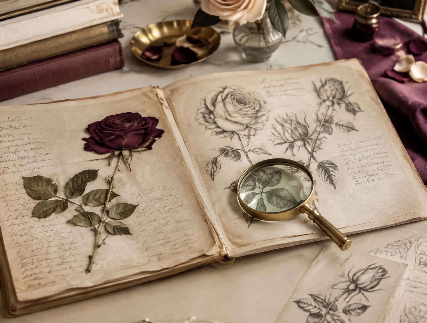 Caderno antigo aberto com uma rosa prensada, desenhos botânicos a tinta e uma lupa de latão.