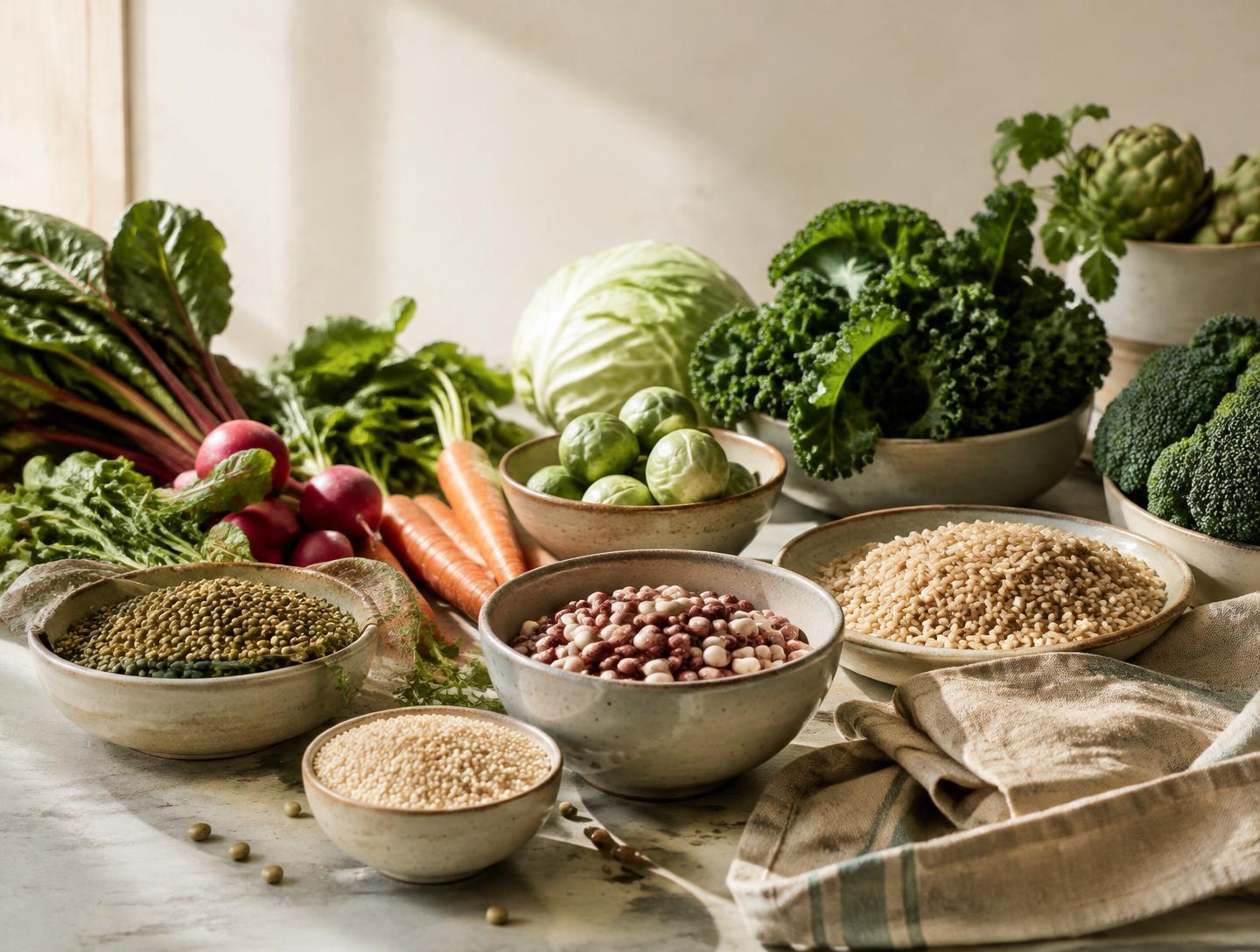 Mesa com alimentos do dia a dia: verduras, cenouras, rabanetes, brócolis, feijões, lentilhas e grãos em tigelas de cerâmica, ao lado de um guardanapo de linho.